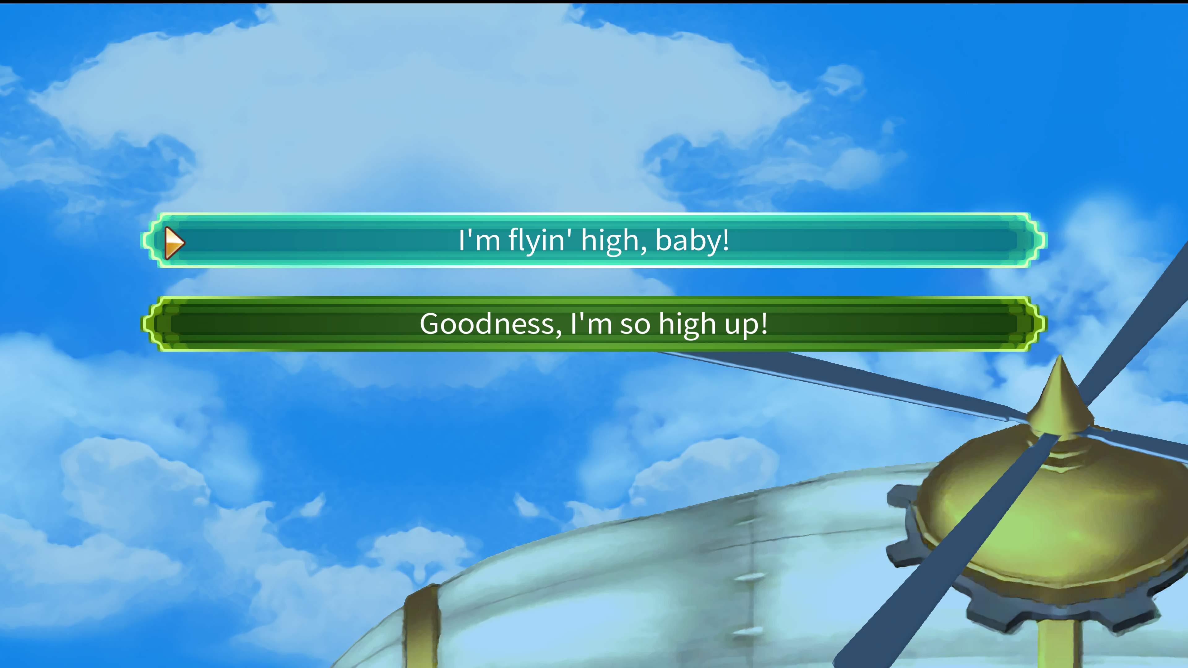 Opening screen of Rune Factory 4 with your off-screen character marveling at the view from out the airship they are riding. The player can choose between two dialogue options: "I'm flyin' high, baby!" and "Goodness, I'm so high up!"
