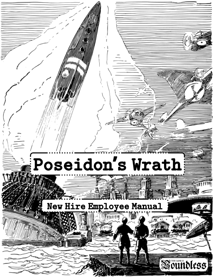 A book cover consisting retro style drawing of a futuristic society in the water. A rocket launches from an underwater building and some planes fly overhead as a couple people stand looking at the horizon.

Text on it says "Poseidon's Wrath New Hire Employee Manual"