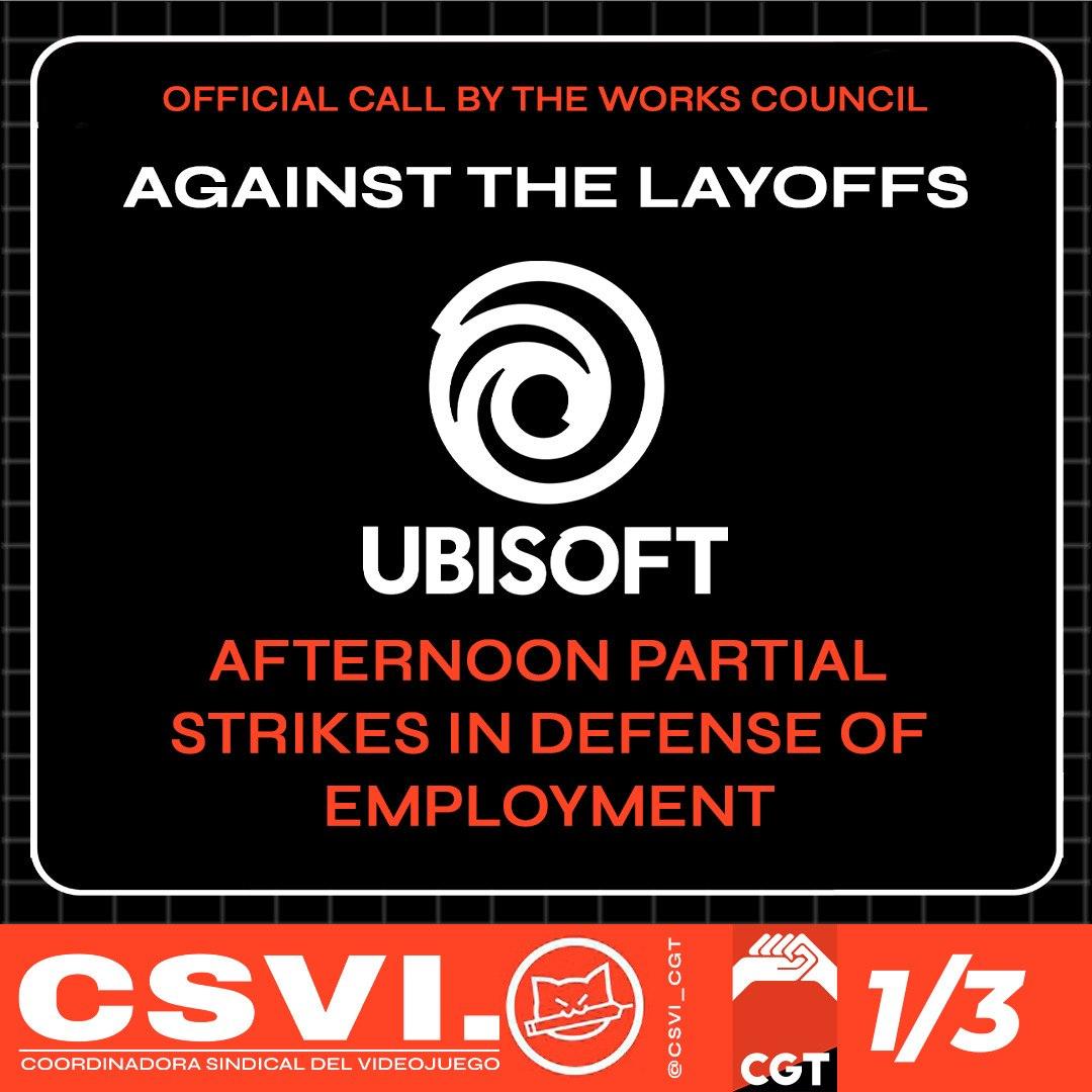 Poster announcing partial strikes against Ubisoft's layoffs in the CSVI style, in red, black, and white.